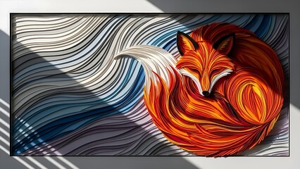 Stunning quilled paper art of a sleeping fox in warm colors against a cool wave background, perfect for adding a touch of nature to your home decor