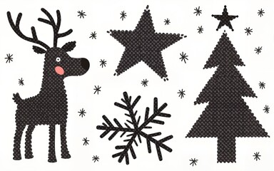 Stipple Christmas and New year design elements set. Vintage dotted stickers for punk winter holiday collage. Retro photocopy vector illustration with grunge gritty texture on transparent background