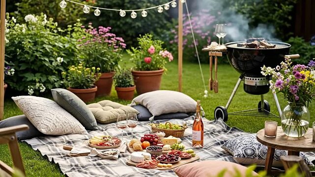 Summer Backyard Picnic Gathering With Barbecue And String Lights In Green Garden In Evening