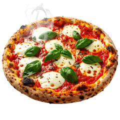 Round pizza with tomatoes, basil, and cheese on a crispy crust