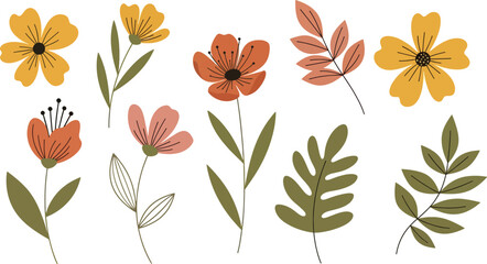 Bohemian floral illustrations in earthy colors and flat vector style, perfect for aesthetic creative projects