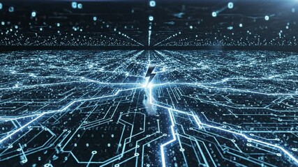 Electric power symbol glowing with blue light and sparks on futuristic digital circuit board featuring binary code, representing energy flow and technology innovation in high tech environment - Powered by Adobe