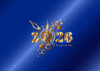 Golden mechanical clock New Year 2026 celebration.Gold numbers for the New Year 2026 with a clock mechanism