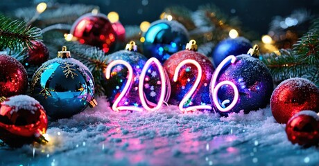 Festive scene. Bright ornaments, snow, glowing numbers signify upcoming year. Holiday spirit radiates from composition.