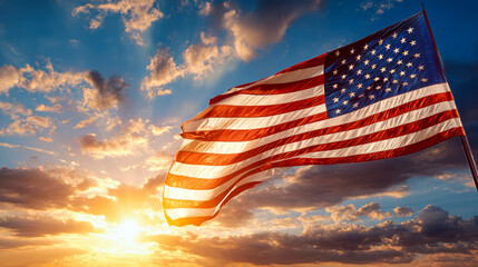 Colors of the sky glow as the American flag waves in the warm evening breeze, embodying the spirit of freedom and unity under a breathtaking sunset