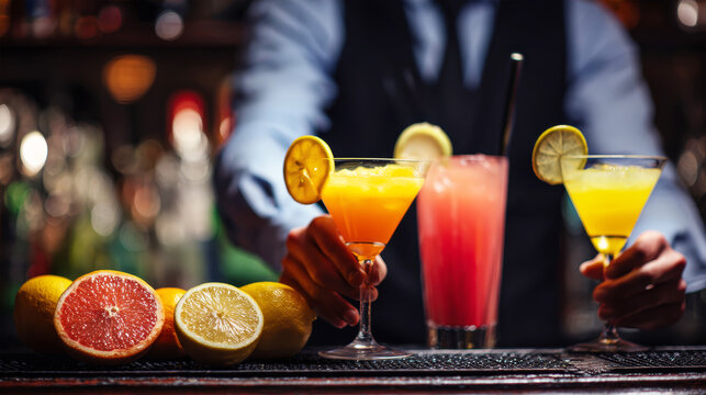 Bartender skillfully prepares vibrant cocktails with lemon and orange juices among fresh fruits in a stylish nightlife venue, ready for guests to enjoy