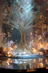 Luminous Fantasy Tree Reflecting in Calm Waters, Glowing Forest Scene.