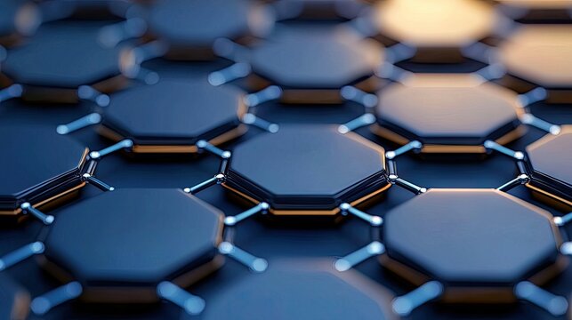 Close-up of a 3D rendered molecular structure with a hexagonal pattern, metallic accents, and a blue and gold color scheme.
