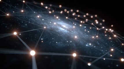 Cosmic Network: Glowing nodes connected by lines in front of a nebula, symbolizing digital connections.