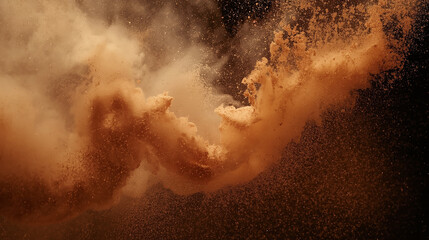 Dynamic Explosion of Brown Powder and Dust Cloud on a Dark Background: Abstract Cocoa or Spice Motion