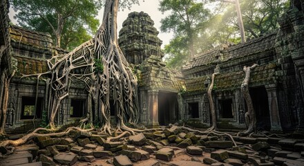 Ancient Stone Temple Ruins with Large Tree Roots Growing Over Walls