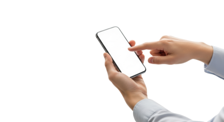 Clean neutral hands holding a sleek unbranded black smartphone with blank white screen, one finger gently tapping, against a transparent studio background, soft lighting. Concept of intuitive digital