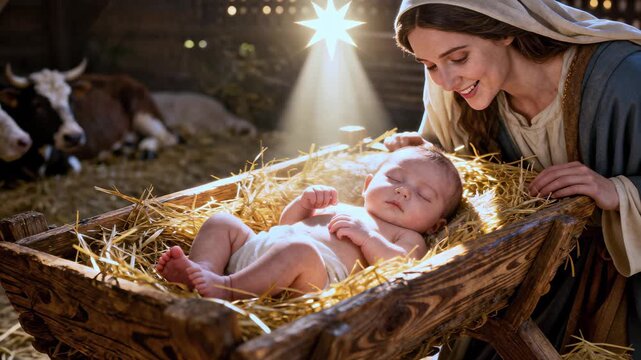 Virgin Mary with baby Jesus Christ. Virgin Mary gently watching how baby Jesus lying in manger under Bethlehem star during Christmas night. Christmas night story, biblical birth xmas concept