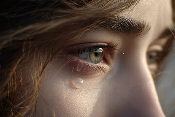 A single tear cascades down a cheek, reflecting light and emotion. Close-up of a person's eye and face.