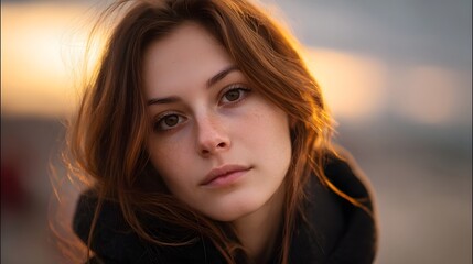 Fototapeta premium Close up portrait of a young woman with freckles bathed in golden sunset light