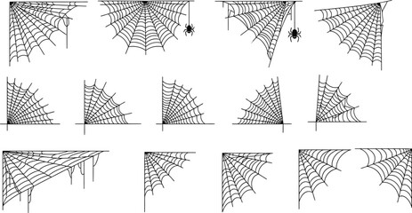 A diverse set of hand-drawn style cobweb corner decorative elements with hanging spiders, isolated vector illustration collection