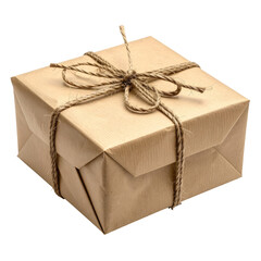 Wrapped gift Brown paper package tied with twine on black background