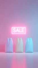 Sale bags glowing beside neon SALE background
