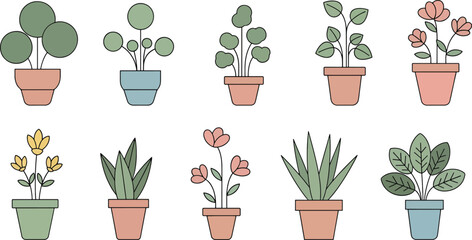 Naklejka premium Cute houseplants and flowers in pots illustrated in flat vector style for home decor themes