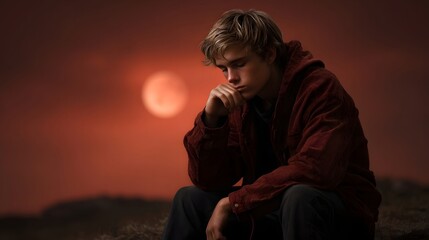 A solitary young man with blond hair sits in thoughtful contemplation against a dramatic crimson sky at dusk
