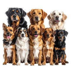 Group of various breeds of dogs together, sitting, looking forward