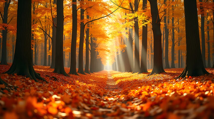 Autumn Forest Path With Vibrant Leaves Under Sunbeams Creating Beautiful Scenery Through Picturesque Woods and Serene Woodland Scenery Along Tree Trunks