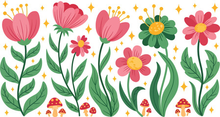 Fototapeta premium Whimsical fairy garden flowers and leaves with mushrooms and magical shapes in a flat playful style
