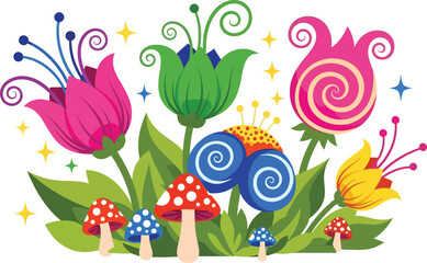 Whimsical fairy garden flowers and leaves with mushrooms and magical shapes in a flat playful style