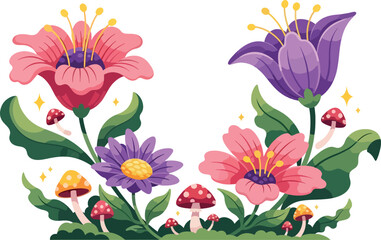 Whimsical fairy garden flowers and leaves with mushrooms and magical shapes in a flat playful style