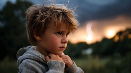 A thoughtful young boy gazes into a dramatic dusk sky with distant lightning