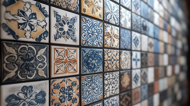 Closeup view of a wall covered in richly patterned, colorful ceramic tiles featuring intricate blue, yellow, and white floral and geometric designs