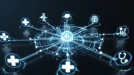 Artificial intelligence medical technology connecting healthcare icons futuristic digital network with glowing sphere and holographic DNA heart brain symbols representing innovation data connection - Powered by Adobe