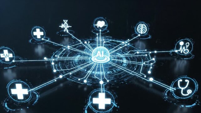 Artificial intelligence medical technology connecting healthcare icons futuristic digital network with glowing sphere and holographic DNA heart brain symbols representing innovation data connection - Powered by Adobe