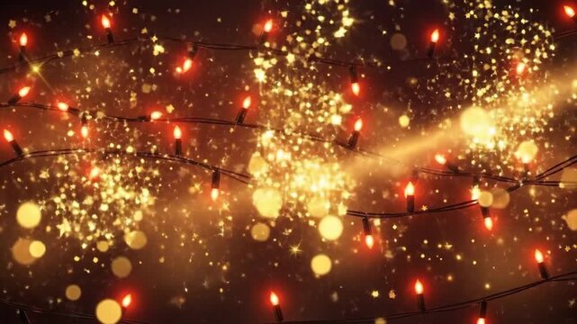 Festive Red String Lights With Golden Glittering Bokeh And Sparkles On A Dark Background Festive Holiday Celebration Atmosphere