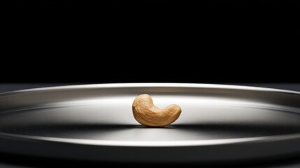 Single cashew nut on a metallic plate in a dark setting