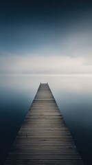 Pier extending into calm water at dawn with misty background