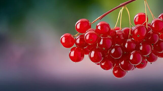 Close-up of a cluster of vibrant red berries on a branch, set against a blurred background with a gradient of colors. - Powered by Adobe