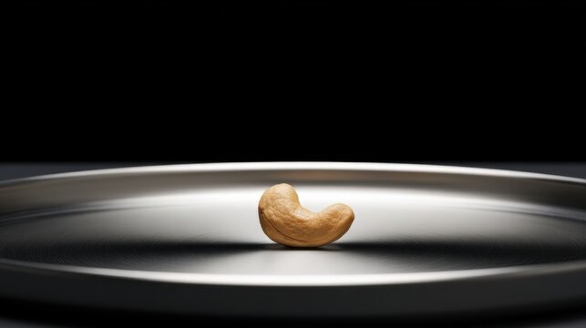 Single cashew nut on a metallic plate in a dark setting