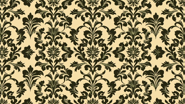 Vintage ornamental texture with elegant damask motifs and flowing botanical accents arranged in a seamless grid