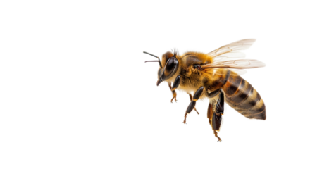 Adult European honey bee in mid-flight with blurred wings, razor-sharp on intricate body, transparent background, high-key studio light, concept of ecological balance