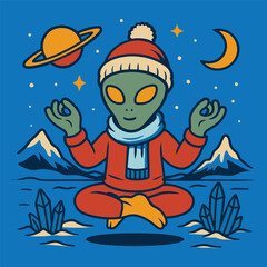 Naklejka premium Alien Character Meditating in Winter Landscape with Planet and Moon Vector