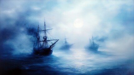 Fototapeta premium An atmospheric painting of several sailing ships navigating a foggy sea under a bright moon.