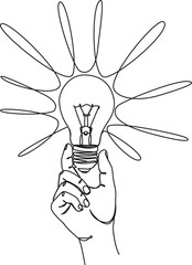 continuous line drawing of hand holding glowing light bulb, idea and inspiration concept line art vector illustration