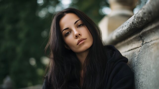 A pensive young woman with long dark hair wearing a dark hooded jacket rests against a textured stone wall outdoors