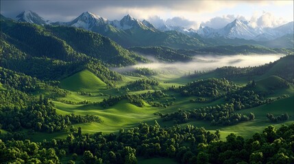 A beautiful landscape featuring green hills, mountains, and clouds. The scene is filled with lush vegetation and a sense of tranquility.