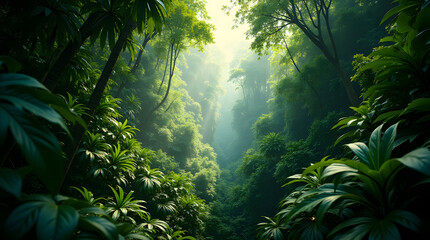 Lush green rainforest canopy view with dense foliage and bright sunlight shining through tall trees creating scenic landscape and natural environment in tropical jungle