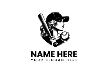 Baseball logo vector illustration featuring a woman with a bat and ball, ideal for sports branding