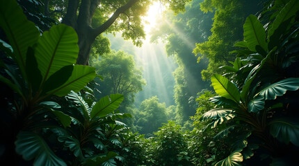 Lush Green Tropical Rainforest With Sunlight Streaming Through Dense Canopy Creating Vibrant Jungle Landscape And Abundant Flora In Peaceful Natural Environment