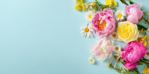 Colorful flowers arranged on a blue background in springtime