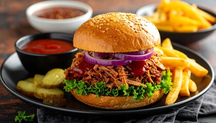 Mouthwatering pulled meat sandwich with toppings, fries, and sauce